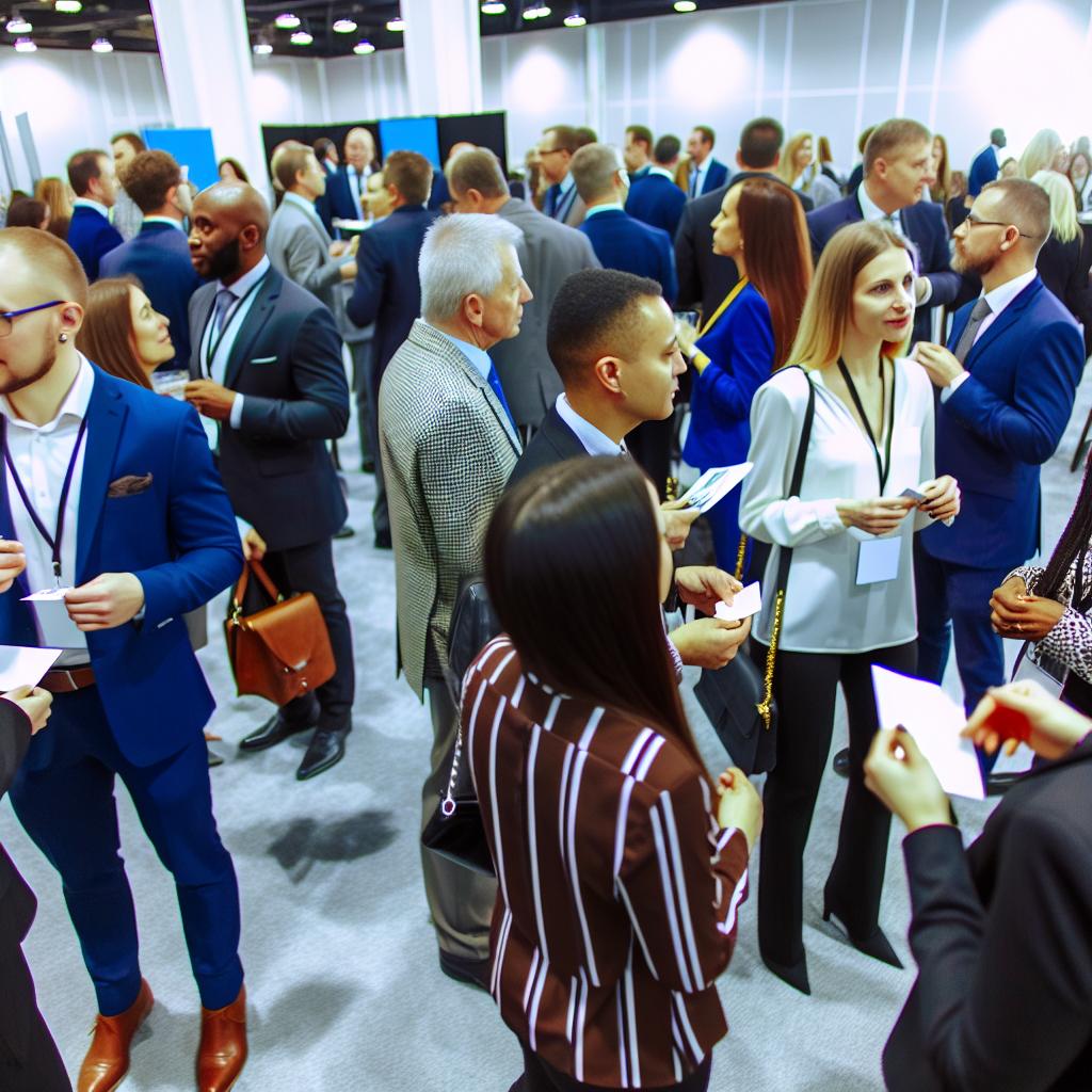 An image of professionals networking at an industry event, exchanging business cards and engaging in conversations to build valuable connections withi